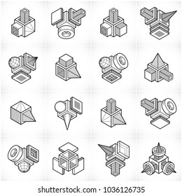Abstract three dimensional shapes set, vector designs.