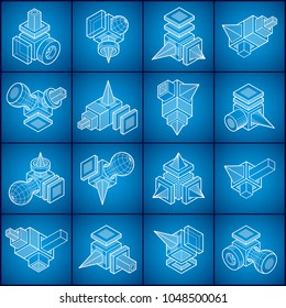 Abstract three dimensional shapes set, vector designs.