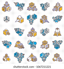 Abstract three dimensional shapes set, vector designs.