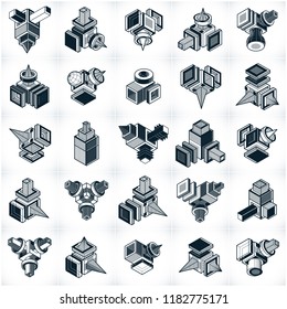 Abstract three dimensional shapes set, vector designs.