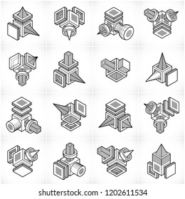 Abstract three dimensional shapes set, vector designs.