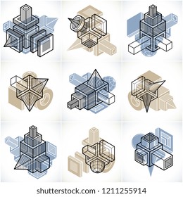 Abstract three dimensional shapes set, vector designs.