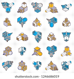 Abstract three dimensional shapes set, vector designs.