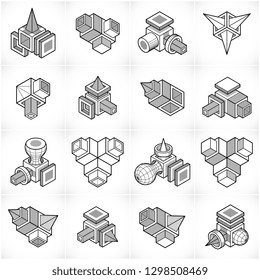 Abstract three dimensional shapes set, vector designs.