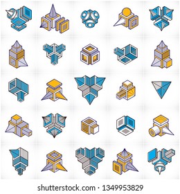 Abstract three dimensional shapes set, vector designs.