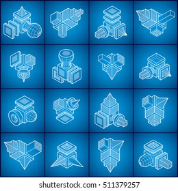 Abstract three dimensional shapes set, vector designs.