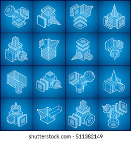 Abstract three dimensional shapes set, vector designs.