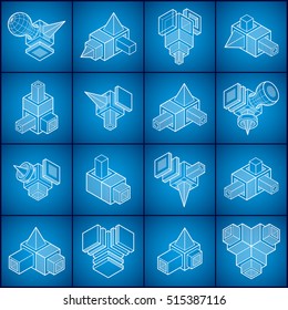 Abstract three dimensional shapes set, vector designs.