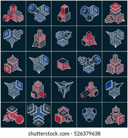 Abstract three dimensional shapes set, vector designs.