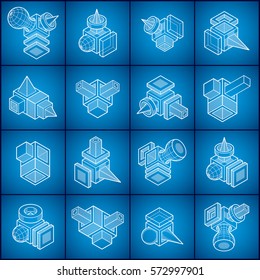 Abstract three dimensional shapes set, vector designs.