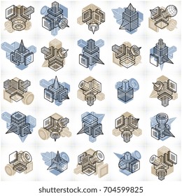 Abstract three dimensional shapes set, vector designs.