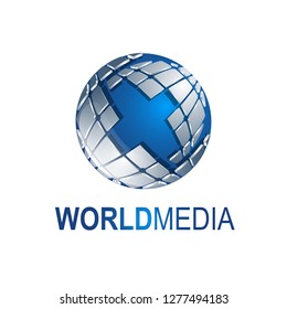 Abstract three dimensional shapes World Media globe logo template vector illustration. Blue Grey color