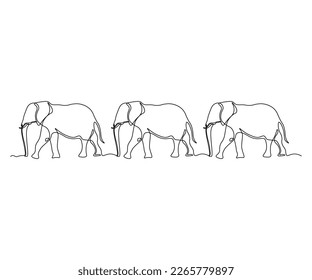 abstract three elephants walking one after another in a row , hand-drawn, continuous monoline, drawing in one line