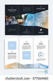 Abstract three fold brochure template, flyer design layout with blue and beige polygonal background. Vector illustration.