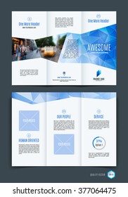 Abstract three fold brochure template, flyer design layout with blue polygonal background. Vector illustration.