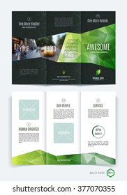 Abstract three fold brochure template, flyer design layout with eco green polygonal background. Vector illustration.