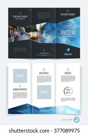 Abstract three fold brochure template, flyer design layout with blue polygonal background. Vector illustration.