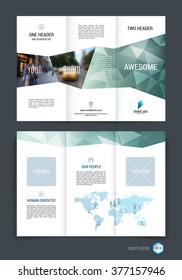 Abstract three fold brochure template, flyer design layout with green polygonal background. Vector illustration.