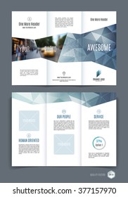 Abstract three fold brochure template, flyer design layout with grey blue polygonal background. Vector illustration.