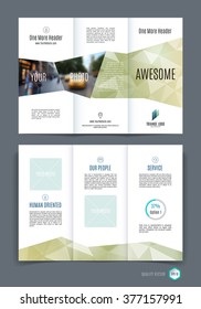 Abstract three fold brochure template, flyer design layout with green yellow polygonal background. Vector illustration.