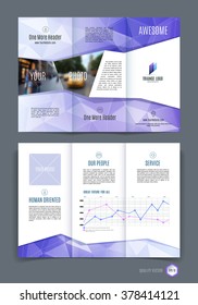 Abstract three fold brochure template, flyer design layout with purple  polygonal background. Vector illustration.