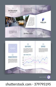Abstract three fold brochure template, flyer design layout with grey purple polygonal background. Vector illustration.