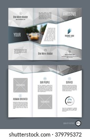Abstract three fold brochure template, flyer design layout with black-and-white and grey monochrome   polygonal background. Vector illustration.