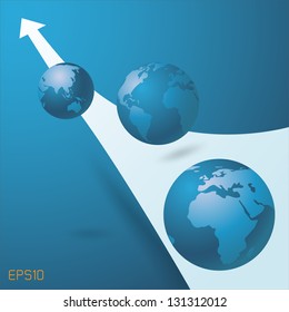 Abstract three globe on arrow growing to future. Vector illustration.