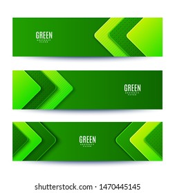 Abstract three green banners with layered angle shapes. Vector flyers minimalist paper cut geometric pattern. Design concept for celebrating card of Earth day, eco flyer.
