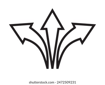 Abstractas silueta de tres flechas de cabeza. Icono de flecha de dirección tridireccional con línea de trazo. Icono de flecha para el App, logotipo, Sitio web. Icono de dirección de carretera. Ilustración vectorial.