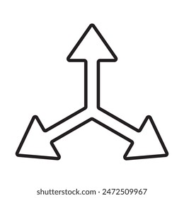 Abstract three head arrows silhouette  with stroke line. Three-way direction arrow icon. Arrow icon for app, logo, website. Road direction icon. Vector illustration.