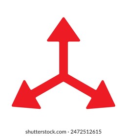 Abstrakte drei Kopf rot Pfeil Symbol, Silhouette, Vektorgrafik. Roter Pfeil auf weißem Hintergrund. Rote Pfeile. Roter Pfeil in Dreiwegrichtung. Symbol für die Straßenrichtung. Vektorillustration.