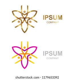 Abstract Three People Healthy Life Hold hands Teamwork and Community care in Flower line Monogram Luxury and Premium logo, Spa Massage, Beauty Cosmetics, Natural, Yoga, Business Digital Technology