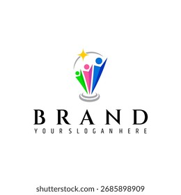 abstract three people logo reaching star with swoosh shape element