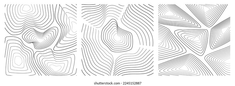 Abstract three styles of wavy black lines on white background in square frame minimal design. Vector illustration. 