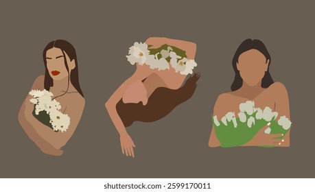 Abstract Three Women Portrait Without Face With Flowers For Logo Posters Advertising Beauty Isolated Vector Design