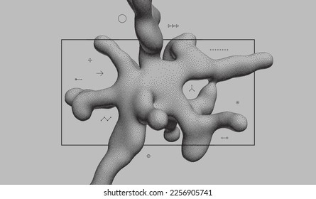 Abstract three-dimensional composition in dotwork style. Pointillism graphic. Dot stipple design. 3D vector illustration with dynamic effect. Template for banner, flyer, poster, cover or brochure.