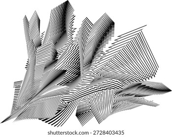 abstrato, forma tridimensional composta linhas pretas sobre fundo branco, complexo, angular, e um pouco de estrutura de objeto, impressão de detalhe intrincado e sentido de energia dinâmica, precisão, envolvente visualmente e peça estimulante de intelectualidade