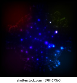 The abstract three-dimensional shape in the form of a planet shrouded in a telecommunications network. Internet connection highlighted in different colors. The object for your design.