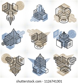 Abstract three-dimensional shapes set, vector designs.