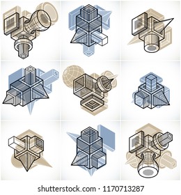Abstract three-dimensional shapes set, vector designs.