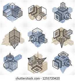 Abstract three-dimensional shapes set, vector designs.