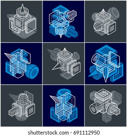 Abstract three-dimensional shapes set, vector designs.