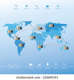 Abstract thumb up icon with social network image. Vector connection concept background with world map.