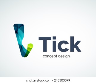Abstract tick logo design of color pieces, overlapping geometric shapes.  Light and shadow effects