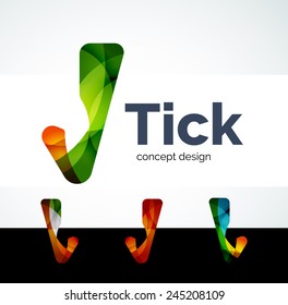 Abstract tick logo design of color pieces, overlapping geometric shapes.  Light and shadow effects