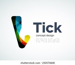Resumen del diseño del logotipo de garrapatas de las piezas de color, formas geométricas superpuestas.  Efectos de luz y sombra