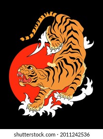 Abstract Tiger Climbing Down on Black Background with Spreading Wave Effect and Full Red Moon. Vector Template Design Illustration