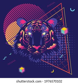 Abstract tiger with geometric elements, retro style illustration.