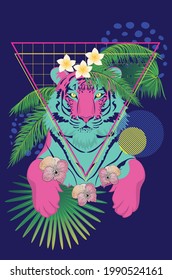Abstrakter Tiger mit geometrischen Elementen und tropischen Pflanzen, retro-artige Illustration.